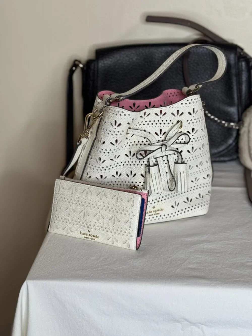 Kate Spade New York White Perforated Eyelet Bucket Bag + Matching Wallet Set